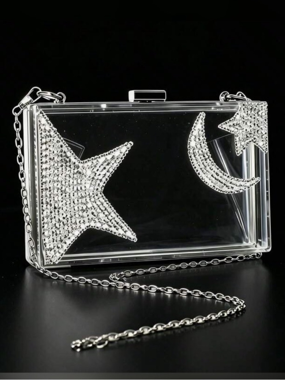 Clear Star & Moon Crystal Clutch with Silver Chain